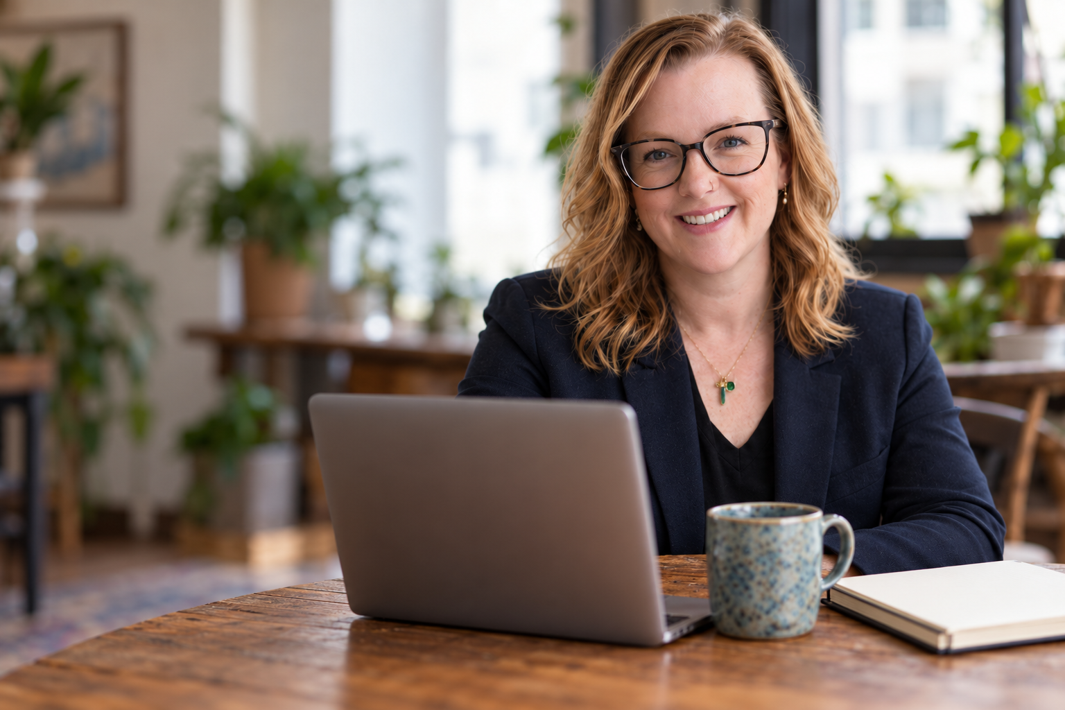 Portrait of Betsy Eves at a table with coffee, notebooks, and a laptop.