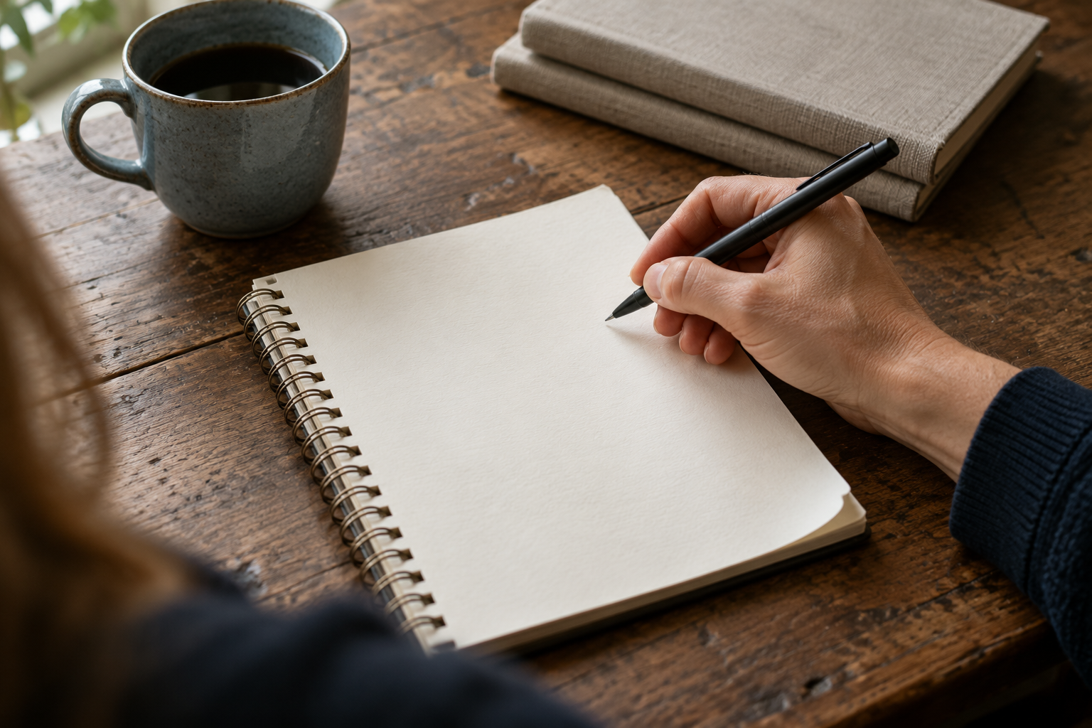 Hand holding a pen over a notebook beside a ceramic coffee mug.