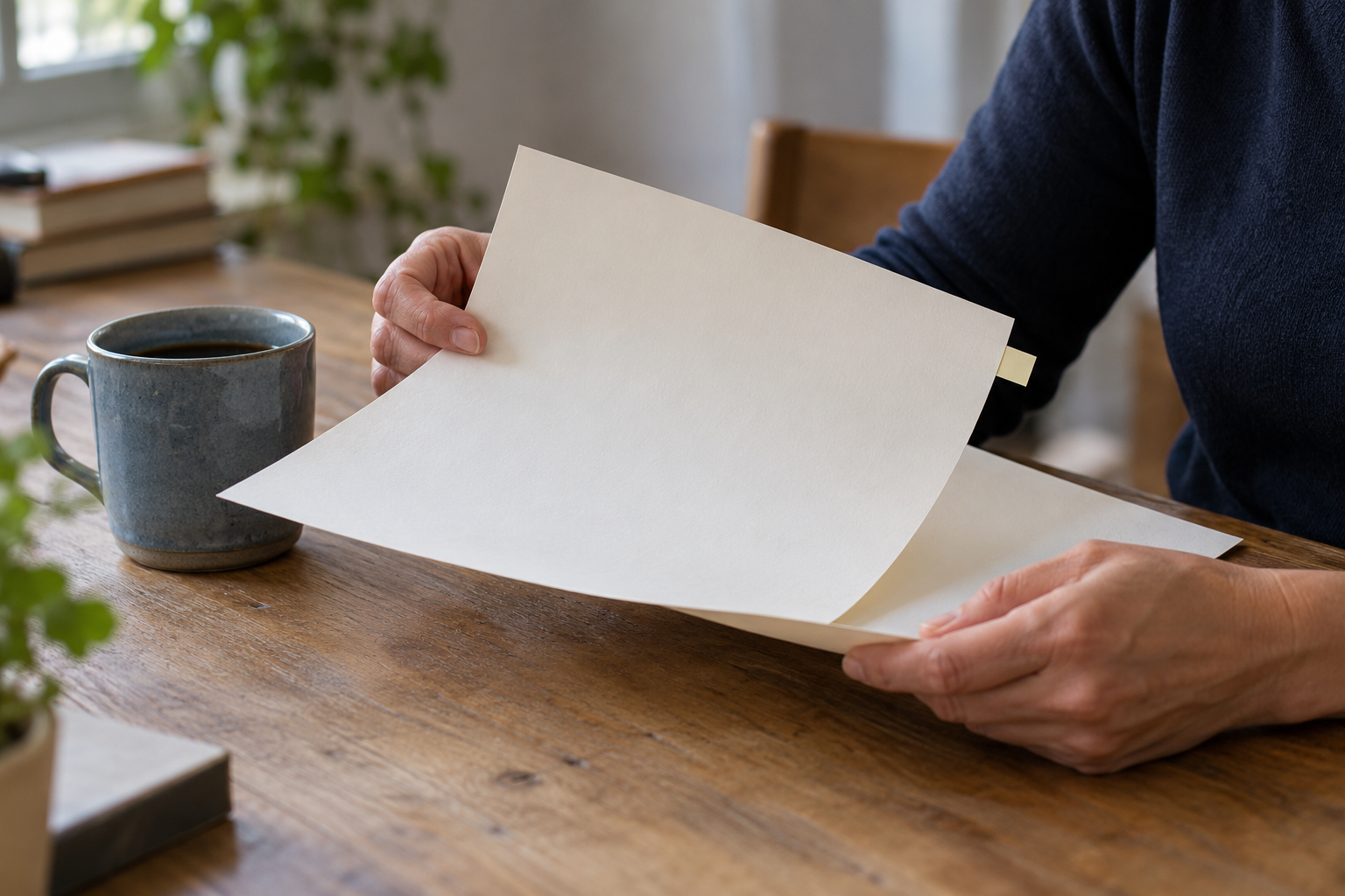 Hands holding cream-colored papers beside a coffee mug.