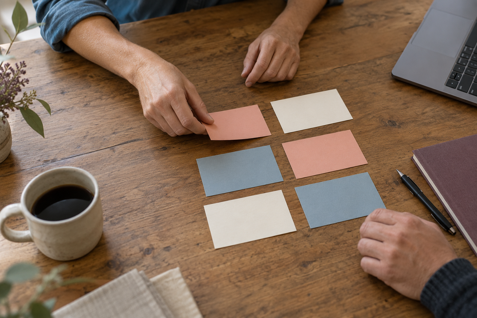 Hands organizing blue, cream, and salmon business-planning cards.