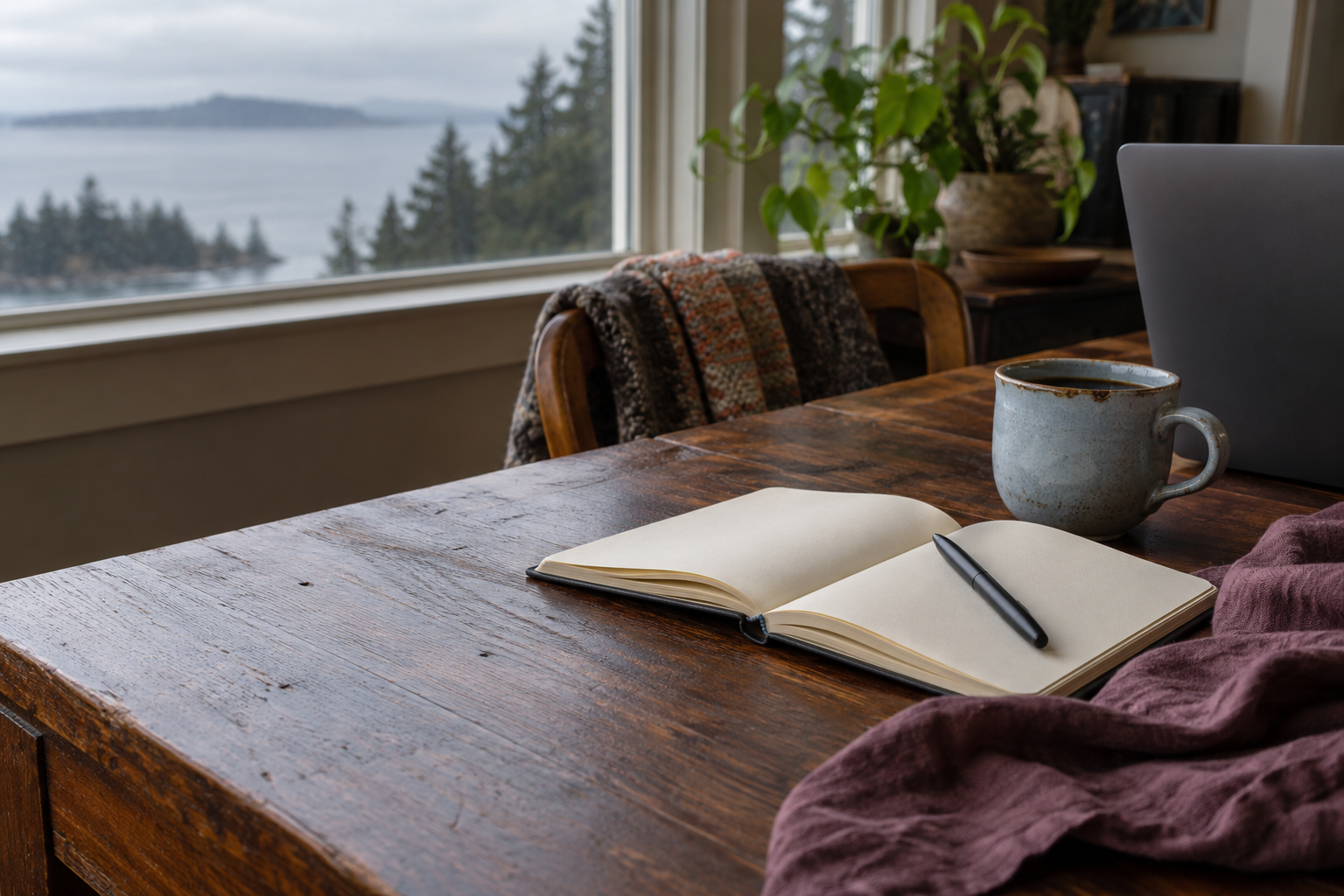 Notebook and coffee beside a window overlooking Pacific Northwest water and trees.